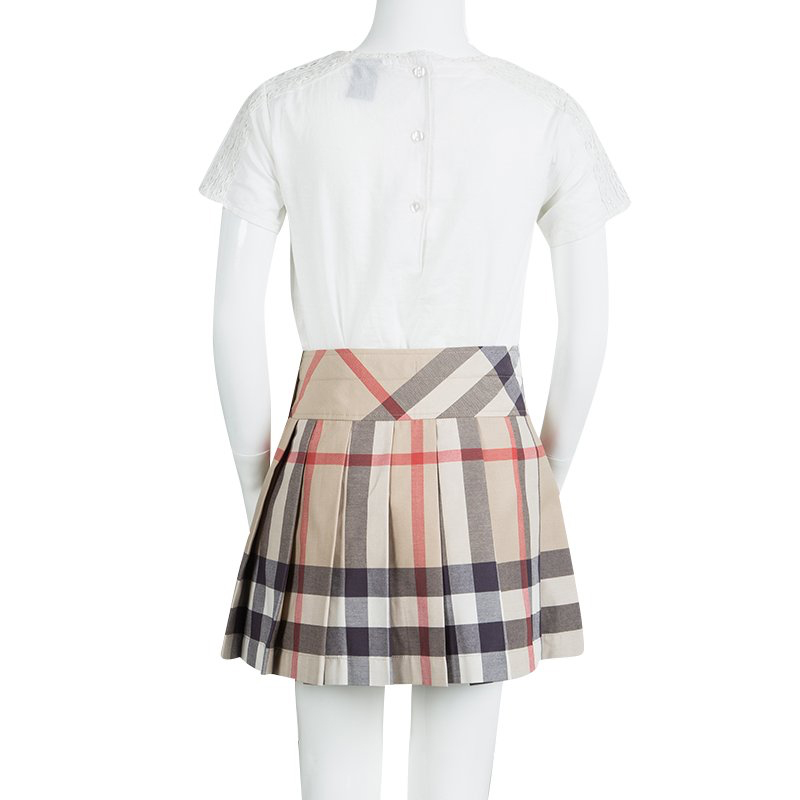 Burberry Children Beige Novacheck Cotton Pleated Serena Mini Skirt 12